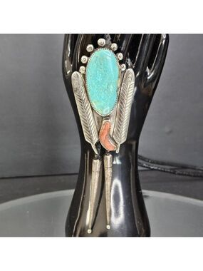 Navajo Turquoise And Coral Sterling Silver Bolo Tie Signed. USA Native American